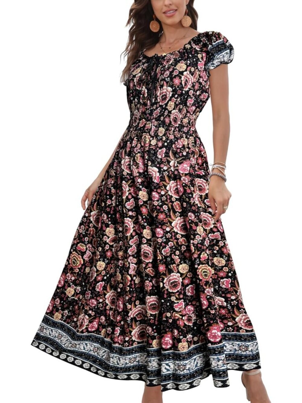 Women's Black Pink Floral Flowy Print Tiered Short Sleeves Summer Maxi Dress